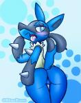 anthro blush butt fangs female genitals looking_back nude paws pussy rear_view solo tail teeth blue-rum nintendo pokemon canid canine generation_4_pokemon lucario mammal pokemon_(species) watermark