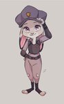 anthro clothed clothing dipstick_ears ear_markings ears_down female fully_clothed fur grey_background grey_body grey_fur hat headgear headwear looking_at_viewer multicolored_ears pivoted_ears purple_eyes simple_background smile solo standing toeless_legwear kabe2mugi disney zootopia judy_hopps lagomorph leporid mammal rabbit 2020 hi_res