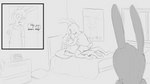 anthro bed caught_in_the_act clock clothing dialogue female furniture group head_tuft male male/female pillow poster shirt straddling t-shirt text topwear tuft walk-in window agidyne rose_(agidyne) stephen_(agidyne) lagomorph mammal 16:9 4k absurd_res english_text hi_res monochrome widescreen cousins_(lore) incest_(lore)