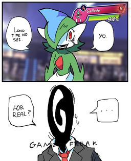 blurred_background dialogue duo female gameplay_mechanics gui hair hair_over_eye health_bar humanoid_pointy_ears looking_at_viewer male parody pointy_ears text melfunnysmell game_freak nintendo pokemon pokemon_champions_(game) gojo_satoru gallade generation_4_pokemon human humanoid mammal pokemon_(species) comic english_text hi_res