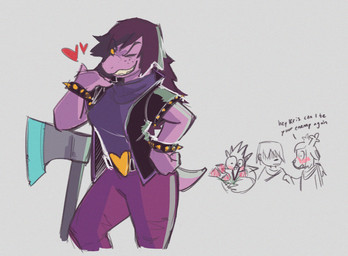 ambiguous_gender ambiguous_human anthro axe blush dialogue female female_anthro flirting flower freckled_face freckles group heart_symbol looking_at_viewer male male_anthro melee_weapon plant rose_(flower) smile teeth_showing text warrior weapon thelivingtrashcan deltarune undertale_(series) berdly kris_dreemurr noelle_holiday susie_(deltarune) avian bird blue_jay corvid deer human jay_(bird) lizard mammal new_world_deer new_world_jay oscine passerine reindeer reptile scalie 2021 digital_media_(artwork) english_text hi_res