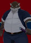 anthro belly belt brown_body brown_fur clothing eyebrows facial_scar fur katana male melee_weapon overweight scar school_uniform solo sword thick_eyebrows uniform weapon 9dtq0 lifewonders tokyo_afterschool_summoners moritaka_(tas) canid canine canis domestic_dog mammal absurd_res hi_res