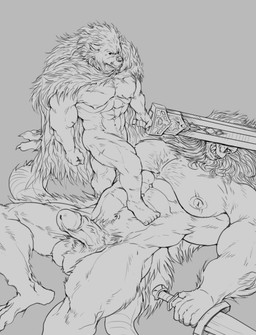 abs angry anthro biceps big_muscles big_pecs cape clothing defeated dominant dominant_male duo fur holding_melee_weapon holding_object holding_sword holding_weapon huge_pecs male male/male melee_weapon muscular muscular_anthro muscular_thighs nipples pecs serratus size_difference step_pose stepped_on stepping sword triceps weapon eruprior elden_ring fromsoftware blaidd_(elden_ring) leonine_misbegotten_(elden_ring) canid canine canis felid lion mammal pantherine wolf absurd_res hi_res monochrome sketch