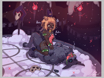 2_horns animal_genitalia animal_penis anthro armlet bell bell_collar biped black_body black_fur black_nose blood bodily_fluids bracelet brown_body canine_genitalia canine_penis chain claws cloven_hooves collar duo emanata erection eyebrows female fire fur genitals holding_penis hooves horn imminent_sex jewelry knot larger_male laugh leglet looking_at_another looking_at_partner lying lying_on_ground male male/female mask nude on_back on_ground open_mouth penis red_body red_fur sharp_teeth size_difference smaller_female snow spiral_pupils teeth text tongue tongue_out torch unconscious unguligrade wool_(fur) xperimentss cult_of_the_lamb massive_monster_(studio) lamb_(cult_of_the_lamb) red_crown_(cult_of_the_lamb) bovid canid canine canis caprine mammal sheep wolf 2026 4:3 absurd_res english_text hi_res