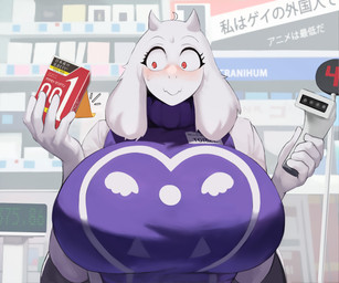 anthro big_breasts blush breasts clothed clothing detailed_background eyebrows eyelashes female fingers front_view fur huge_breasts inside mouth_closed pupils smile solo standing cranihum undertale_(series) toriel bovid caprine mammal absurd_res hi_res