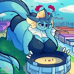 anthro big_breasts breasts city cityscape clothed clothing dynamax extreme_size_difference female macro male open_mouth size_difference smaller_male solo swimwear text topwear nagifur nintendo pokemon eeveelution generation_1_pokemon mammal pokemon_(species) vaporeon 1:1 absurd_res digital_media_(artwork) english_text hi_res