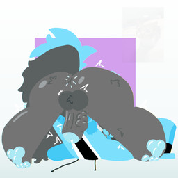 all_fours anthro anus ass_up backsack balls blue_clothing blue_hoodie blue_pawpads blue_topwear bodily_fluids butt clothed clothing cum cum_drop electronics fur genital_fluids genitals glistening glistening_body glistening_butt grey_body grey_fur half_naked hat headgear headphones headwear hoodie jack-o'_pose leaking_cum machine male patch_(fabric) pawpads paws penis pose purple_background shaking shaky_legs simple_background solo stylized tail top_hat topwear twitter_handle vein veiny_penis white_background the14thuser twitter 14th_user domestic_cat felid feline felis mammal protogen 1:1 2026 absurd_res colored hi_res meme