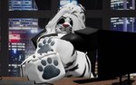 4_toes anthro big_breasts breasts building business_suit claws clothing electronics eyeshadow feet female foot_focus hair keyboard long_hair looking_at_viewer makeup monitor musk pawpads paws reclining sitting solo stripes suit thick_thighs toes window dreadded_llc roblox veronica_(dreadded) bengal_tiger felid mammal pantherine tiger 3d_(artwork) digital_media_(artwork)