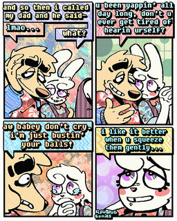 4_panel_comic aloha_shirt anthro bodily_fluids bow_tie cheek_spots clothing dialogue duo ears_down floppy_ears fur half-closed_eyes humor male narrowed_eyes overalls pattern_clothing pattern_shirt pattern_topwear pivoted_ears shirt speech_bubble tears teary_eyes teeth text tooth_gap topwear white_body white_fur wide_eyed yellow_body yellow_fur rawdawgcomics bingus_(rawdawgcomics) stahli_(rawdawgcomics) bird_dog canid canine canis domestic_dog golden_retriever hunting_dog lagomorph leporid mammal rabbit retriever 4:5 comic english_text hi_res