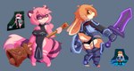 anthro armor butt clothed clothing duo fantasy_weapon female female/female fur markings multicolored_body multicolored_fur partially_clothed simple_background tail two_tone_body two_tone_fur otsu atlyss chang_(atlyss) mammal poon_(atlyss) hi_res