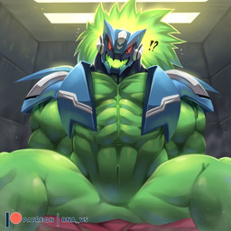 abs animal_genitalia anus armor arms_tied barazoku biceps bodily_fluids bound genital_slit genitals green_body headgear helmet interrobang male muscular muscular_humanoid muscular_male muscular_sub open_mouth pecs red_eyes solo submissive submissive_male sweat tongue bna_v5 capcom mega_man_(series) mega_man_star_force omega-xis alien em_being humanoid 1:1 absurd_res hi_res