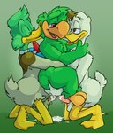 anthro avian_butt bodily_fluids cum cum_in_ass cum_inside double_penetration genital_fluids group kissing_cheek male male/male penetration trio koopakrazy85 disney the_three_caballeros jose_carioca modjo tale_(taleofnobody) anatid anseriform avian bird duck parrot hi_res