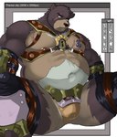 anthro armor brown_body brown_fur chest_fur clothed clothing fangs fur male nipples overweight overweight_male partially_clothed scar solo tattoo teeth thick_neck white_body white_fur dudedle rampie kemo_coliseum tharsix_(kemo_coliseum) american_black_bear bear black_bear mammal ursine hi_res