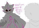 anthro black_sclera dialogue duo evil_grin grin horn humor male sharp_teeth smile teeth text tinypwbble bandai_namco digimon digimon_ghost_game hiro_amanokawa digimon_(species) gulusgammamon human mammal english_text line_art meme