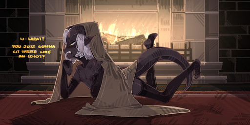 annoyed bed_sheet bedding breasts clothed clothing dark_body dialogue fangs fantasy female fireplace gloves hair handwear horn humanoid_pointy_ears inside inviting legwear looking_at_another not_furry partially_clothed pointy_ears purple_body purple_skin short_hair solo stockings tail teeth text white_hair yellow_eyes shuuko dungeons_and_dragons hasbro wizards_of_the_coast vigil_nightwarden demon demon_humanoid horned_humanoid humanoid tiefling english_text hi_res