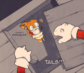 anthro barefoot bdsm bird's-eye_view bondage bound captured clothing duo feet fur gag gagged gloves handwear high-angle_view looking_at_viewer male nude rope slightly_chubby standing text toes impximon sega sonic_the_hedgehog_(series) knuckles_the_echidna miles_prower canid canine fox mammal digital_media_(artwork) hi_res