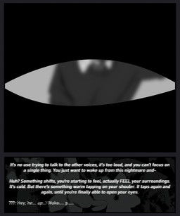 ambiguous_form blurred_foreground blurred_vision border clothing dialogue first_person_view grey_border male shirt solo text topwear waking_up white_text melaisen bau_(melaisen) 2023 5:6 absurd_res comic digital_drawing_(artwork) digital_media_(artwork) english_description english_text greyscale hi_res monochrome