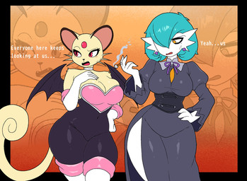 anthro armwear big_breasts blue_hair breasts cleavage clothed clothing corset cosplay curved_tail curvy_figure cute_fangs duo elbow_gloves eyeliner fangs female forehead_gem fur gem gloves hair hand_on_hip handwear lingerie makeup mature_female mole_under_eye smoking tail tan_body tan_fur teeth text thick_thighs tight_clothing topwear whiskers white_body wide_hips activeajames nintendo pokemon sega sonic_the_hedgehog_(series) jessica_(activeajames) natasha_(activeajames) rouge_the_bat felid feline gardevoir generation_1_pokemon generation_3_pokemon humanoid mammal persian_(pokemon) pokemon_(species) shiny_pokemon english_text hi_res