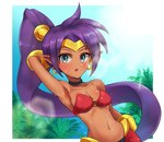 blue_eyes breasts brown_body brown_skin clothing crown ear_piercing female hair headgear humanoid_pointy_ears leaf long_hair navel not_furry piercing pointy_ears ponytail purple_hair solo tiara wet wata-ridley shantae_(series) wayforward shantae genie humanoid 2019