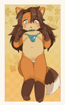 anthro clothing foreskin genitals hair long_hair male markings moon_(marking) penis pupils solo speedo sun_(marking) swimwear unusual_pupils young young_anthro young_male sukesuke miles_(mileskemofox) canid canine fox mammal absurd_res hi_res