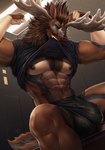 5_fingers abs anthro antlers balls biped black_nipples blue_eyes brown_body brown_fur bulge clothed clothing detailed_bulge facial_hair fingers flexing fur genital_outline genitals horn inside locker locker_room looking_at_viewer male male_anthro muscular muscular_anthro muscular_male mustache nipples pecs penis_outline shirt shirt_in_mouth solo topwear torn_clothing torn_shirt torn_topwear underwear banni_art diffuse_moose deer mammal moose new_world_deer werecreature weredeer weremoose werenew_world_deer hi_res