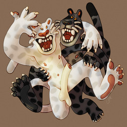 anthro armpit_showing black_body black_fur black_pawpads caricature claws duo fangs feet foreskin fur genitals glans humanoid_feet intertwined long_penis long_tail male male/male muscular muscular_male nipples pawpads penis pink_glans pink_navel pink_nipples pink_pawpads plantigrade silly silly_face simple_background spots tail teeth whiskers white_body white_fur yellow_eyes ravuer felid mammal pantherine snow_leopard 1:1 hi_res