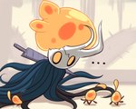 ambiguous_gender cloak clothing ellipsis horn looking_at_another motion_lines nail_(weapon) orange_body orange_eyes outside shadow solo standing tripping weapon weapon_on_back sol-lar-bink hollow_knight team_cherry infected_(species) vessel_(species) 2019 5:4 digital_media_(artwork) nonbinary_(lore)