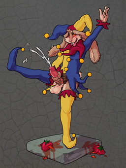 anthro blush bodily_fluids clothing ejaculation exhibitionism food fool's_hat fruit hat headgear headwear jester long_ears male masturbation plant pose pubes solo sweat tomato tongue tongue_out coal_(artist) lagomorph mammal 2023 3:4 hi_res