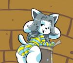 anthro butt canid canine canis clothed clothing domestic_cat domestic_dog felid feline felis female fur hair looking_back mammal open_mouth panties smile solo tem temmie_(undertale) twindrills undertale undertale_(series) underwear white_body white_fur
