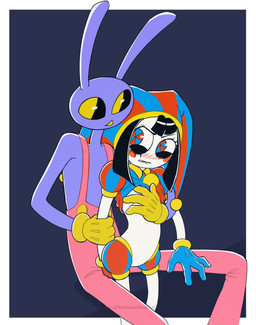 4_fingers anthro bite biting_lip blush boyfriend/girlfriend chest_grab clothed clothing embarrassed eye_contact female fingers larger_male looking_at_another male male/female partially_clothed short_female size_difference touching_chest somnambulaart glitch_productions the_amazing_digital_circus jax_(tadc) pomni_(tadc) humanoid lagomorph leporid mammal rabbit hi_res
