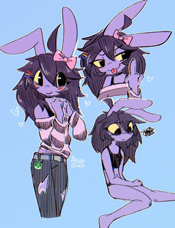 accessory ahoge anthro belt big_ear black_bottomwear black_bra black_choker black_clothing black_jeans black_jewelry black_necklace black_panties black_pants black_underwear blep blue_background blush bottomwear bow_ribbon bra choker clothing denim denim_bottomwear denim_clothing female flipping_viewer_off fluffy fluffy_hair gesture hair hair_accessory hair_bow hair_ribbon hand_gesture heart_symbol humanoid_hands jeans jewelry keychain long_hair looking_at_viewer looking_down looking_down_at_self middle_finger necklace off-shoulder_top outline panties pants pattern_clothing pattern_topwear pink_clothing pink_shirt pink_tongue pink_topwear purple_body ribbons shirt simple_background smile smiling_at_viewer solo striped_clothing striped_topwear stripes tongue tongue_out topwear torn_bottomwear torn_clothing torn_jeans torn_pants underwear white_outline alien_doge glitch_productions the_amazing_digital_circus gooseworx's_post-transition_jax_design jax_(tadc) lagomorph leporid mammal rabbit 2026 digital_drawing_(artwork) digital_media_(artwork) english_description hi_res trans_(lore) trans_woman_(lore)