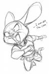 anthro black_and_white cheek_tuft clothed clothing dialogue disney english_text exclamation_point facial_tuft fully_clothed fur judy_hopps lagomorph leporid mammal monochrome open_mouth police police_uniform rabbit secoh2000 simple_background sketch solo teeth text tuft uniform white_background zootopia