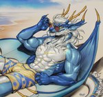 abs anthro beach biceps blue_body clothing eyewear hair looking_at_viewer male male_anthro membrane_(anatomy) membranous_wings muscular muscular_anthro muscular_male solo sunglasses swimwear tail wings finbeard mythology dragon eastern_dragon mythological_creature mythological_scalie scalie hi_res