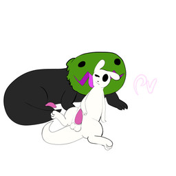 anthro balls black_eyes blue_ears duo female feral genitals licking male open_mouth penis pink_flowers plant simple_background smile tail tongue tongue_out white_body white_tail passey_voppy rain_world videocult survivor_(rain_world) green_lizard_(rain_world) lizard_(rain_world) mammal slugcat 1:1 absurd_res hi_res