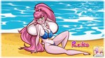 anthro beach bikini blue_bikini blue_clothing blue_swimwear clothing ears_down female fur green_eyes hair logo long_ears pink_body pink_fur pink_hair pivoted_ears ponytail pose seaside solo swimwear text two-piece_swimsuit nafyo-toons reiko_usagi lagomorph leporid mammal rabbit 16:9 2018 artist_logo character_name digital_media_(artwork) pinup widescreen