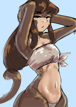 anthro bandeau_bikini bare_shoulders belly bikini bikini_thong blue_background brown_body brown_fur brown_hair clothed clothing female fluffy fluffy_tail fur glistening glistening_belly glistening_body glistening_fur hair hands_behind_head light_body light_fur long_hair long_tail multicolored_body multicolored_fur navel simple_background skimpy skimpy_bikini solo swimwear tail two-piece_swimsuit two_tone_body two_tone_fur wide_hipped_anthro wide_hipped_female wide_hips sakamtosng cavemanon_studios volcaldera_ashfall cathy_(volcaldera_ashfall) haplorhine mammal monkey primate simian_(species) 2026 digital_drawing_(artwork) digital_media_(artwork)