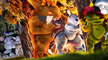 3_toes 4_fingers 5_fingers after_orgasm alternative_fashion anal anthro anthrofied anus balls being_watched belly big_balls big_butt big_penis black_body blonde_hair bodily_fluids bracelet brown_hair butt clothing cookie cuffs_(clothing) cum cum_drip cum_from_ass cum_in_ass cum_inside cum_while_penetrated dizzy_eyes dominant dripping ejaculation emo erection evil_grin eye_scar eyewear facial_scar feet fingers food forest fur gaping gaping_anus genital_fluids genitals glasses glowing glowing_eyes grass group hair hat hat_only headgear headgear_only headwear headwear_only huge_balls huge_penis huge_tongue jewelry leaf leaking_cum licking light looking_at_another macaron_(food) male male/male moobs moon moonlight mostly_nude multicolored_body musclegut muscular night orange_body orange_fur orange_sclera overweight penetration penis piercing pink_body pink_hair pink_penis pink_penis_tip plant questionable_consent rough_sex scar sex sharp_teeth smile spiked_bracelet spikes submissive tan_body teeth thick_penis thick_thighs toes tongue tree trio two_tone_body white_body yellow_body moonwulf nintendo pokemon fan_character kozmar ozul_(moonwulf) clefable generation_1_pokemon gengar pikachu pokemon_(species) snorlax 16:9 2025 3d_(artwork) 4k absurd_res digital_media_(artwork) hi_res source_filmmaker_(artwork) widescreen