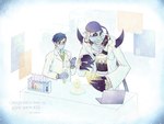 bandanna blue_hair claws doctor duo eyewear glasses hair kerchief male mask medical_instrument scientific_instrument surgical_mask text vial lanllan bandai_namco digimon digimon_ghost_game joe_kido digimon_(species) human humanoid mammal mummymon english_text