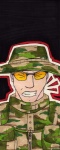 angry bust_portrait camo camo_clothing camo_hat camo_headgear camo_headwear camo_print camo_topwear clothed clothing eyewear front_view fully_clothed glasses hat headgear headwear human human_only light_body light_skin male mammal military not_furry outer_highlight outline pattern_clothing pattern_hat pattern_headgear pattern_headwear pattern_topwear portrait red_outline sikes solo sunglasses topwear traditional_media_(artwork) white_outline yellow_eyewear