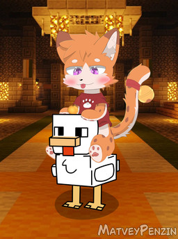 clothing dipstick_ears ear_markings fur hair male multicolored_ears orange_body orange_fur orange_hair purple_eyes red_clothing red_shirt red_topwear shirt solo tail topwear kimacats microsoft minecraft mojang xbox_game_studios avian bird chicken domestic_cat felid feline felis galliform gallus_(genus) mammal phasianid absurd_res digital_media_(artwork) hi_res