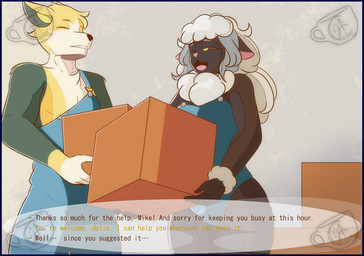 anthro box container dialogue duo female female_anthro inside male male/female male_anthro standing text work_uniform working pok-zone nintendo pokemon fan_character boltund bovid canid canine caprine generation_8_pokemon mammal pokemon_(species) sheep wooloo english_text hi_res