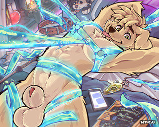 anthro bdsm bondage bound chest_harness harness lying magic male muscular muscular_male solo tongue tongue_out nyasu hubes_(retriever) bird_dog canid canine canis domestic_dog golden_retriever hunting_dog mammal retriever absurd_res hi_res