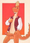 4_fingers anthro balls border bottomless bottomless_anthro bottomless_male clothed clothing fingers genitals gradient_background jacket letterman_jacket lidded_eyes male penis simple_background solo teeth topwear white_border crayzee609 tito_lizzardo_and_catty_b tito_lizzardo_(character) lizard reptile scalie 2021 artist_name hi_res