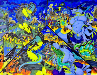 anthro belly city city_destruction cityscape destruction duo female fire long_tail macro male male/female mouth_shot open_mouth paws slightly_chubby smashing smoke spade_tail stepping tail dyloteryx dylo lunar_(kotiyo) canid canine dilophosaurid dilophosaurus dinosaur dromaeosaurid fox hybrid mammal prehistoric_species reptile saurischian scalie theropod absurd_res colored hi_res marker_(artwork) traditional_media_(artwork) trans_(lore) trans_man_(lore)