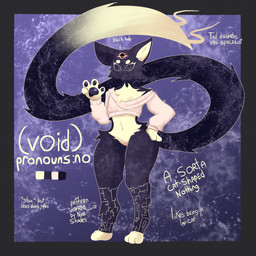 ambiguous_gender anthro big_ears black_hole clothing fluffy fluffy_chest fur long_tail mouthless off-shoulder_top pawpads paws purple_body purple_fur solo star starry_body sweater tail text topwear cactilaine void_(cactilaine) domestic_cat felid feline felis mammal void_creature 1:1 absurd_res english_text hi_res model_sheet