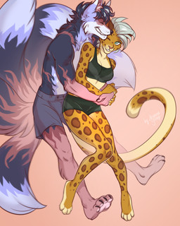 5_fingers anthro breasts clothed clothing duo female fingers fur green_eyes hair male multi_tail smile tail ariannafray_pr jesse_(pebbles403) felid leopard mammal pantherine 2021 4:5 digital_media_(artwork) hi_res