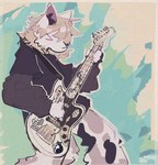 >_< anthro biped black_clothing black_shirt black_topwear brown_hair clothing eyes_closed fur guitar hair male musical_instrument playing_guitar playing_music plucked_string_instrument shirt slim_anthro slim_male solo string_instrument topwear white_body white_fur squawq domestic_cat felid feline felis mammal 2024 hi_res