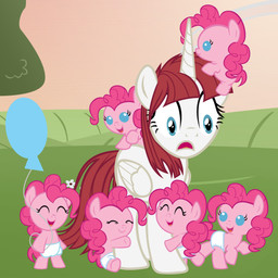 balloon blue_eyes clone eyes_closed feathered_wings feathers female feral flower group hair holding_balloon holding_object horn hug inflatable open_mouth outside pink_hair plant quadruped red_hair size_difference tail wings young young_female young_feral beavernator friendship_is_magic hasbro my_little_pony mythology lauren_faust_(character) pinkie_pie_(mlp) earth_pony equid equine horse mammal mythological_creature mythological_equine pony winged_unicorn 1:1 absurd_res hi_res