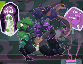 andromorph anthro black_clothing black_nails bodily_fluids brown_body claws clothed clothing colored_nails cowgirl_position cum cum_in_vagina cum_inside digit_ring duo ear_piercing ear_ring entwined_tails feet from_front_position fumes fur gas_mask genital_fluids genitals green_clothing green_hair green_penis grey_body grey_fur hair horn impregnation intersex intersex/male jewelry laboratory living_tail lying male mask nails on_bottom on_top ovum partially_clothed penis piercing pink_gas purple_clothing ring ring_piercing sex snake_tail sperm_cell stirrup_legwear tail tail_coil toe_ring toes unusual_anatomy unusual_tail metal_(artist) chemical_spill dimitri_nazthoron pandora_(db-mistery) eldritch_being herpestid mammal mongoose reptile scalie snake hi_res