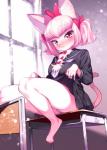 5_fingers anthro biped bottomwear clothed clothing clothing_lift female fingers fur hair inside kemono looking_at_viewer panties pigtails pink_body pink_eyes pink_fur pink_hair pink_nose ribbons school_uniform sitting skirt skirt_lift smile solo underwear uniform mizo_ne domestic_cat felid feline felis mammal 2019